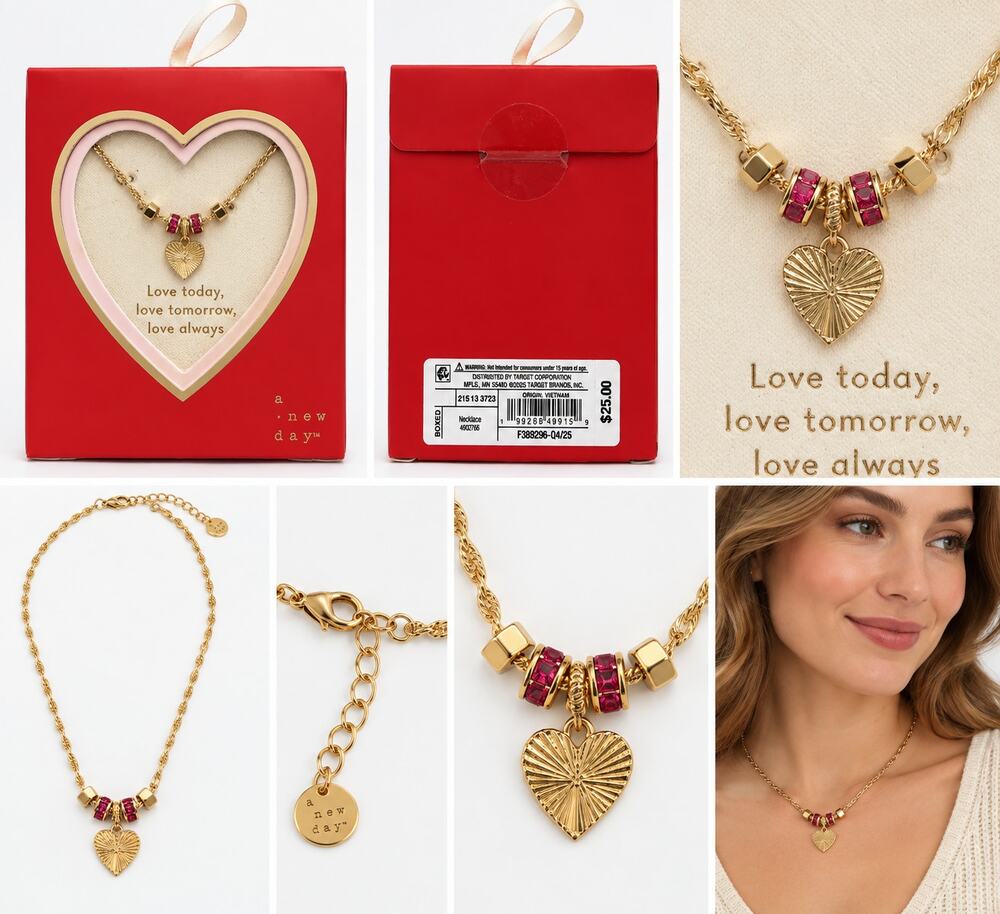 Gold-Tone Heart Pendant Necklace with Pink Crystal Accents – A New Day